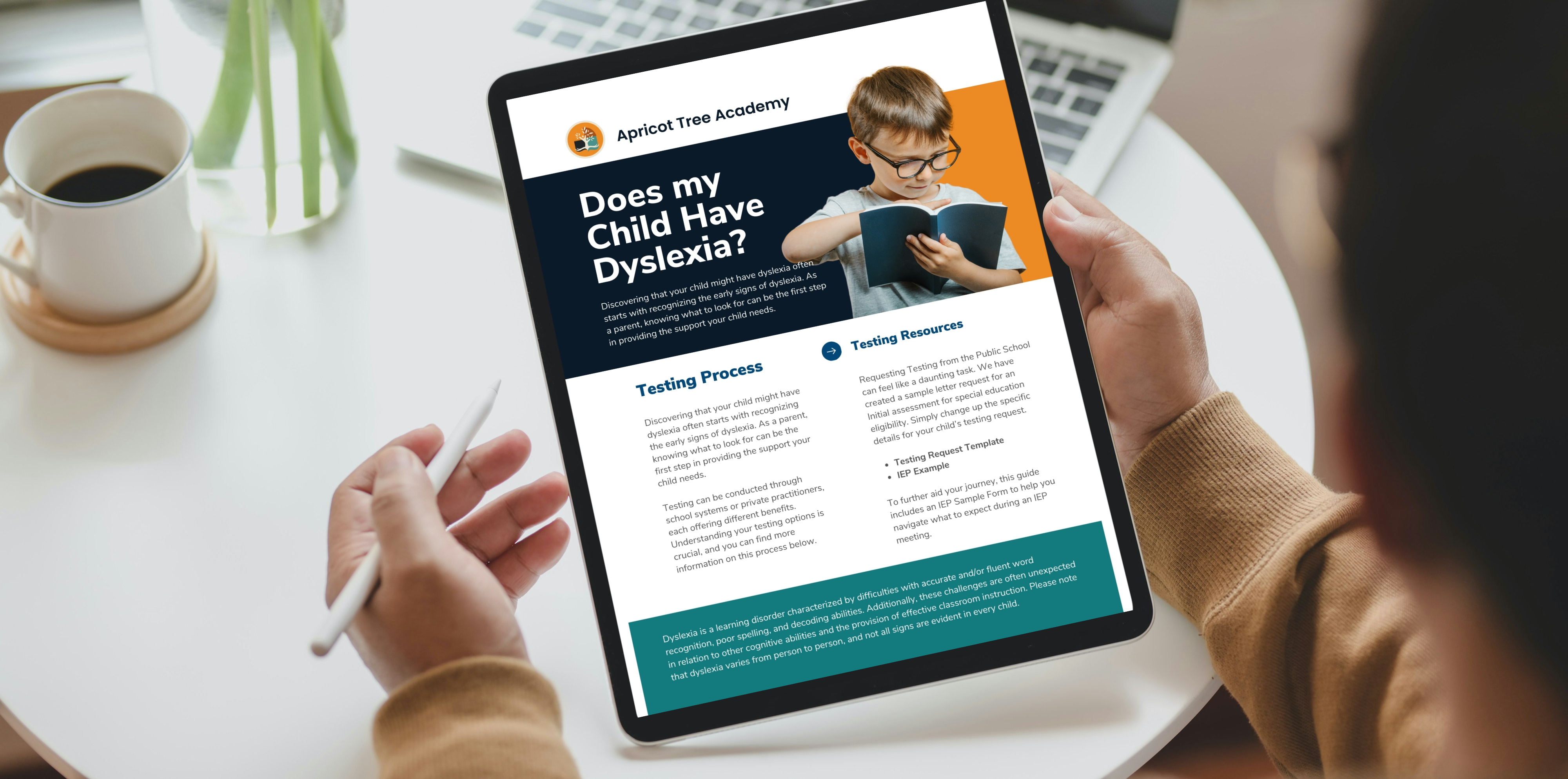 The 'Does My Child Have Dyslexia?' guide on a tablet