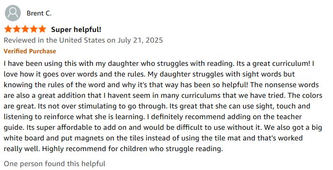 Five-star verified Amazon review of the Dyslexia Intervention Curriculum from Brent
