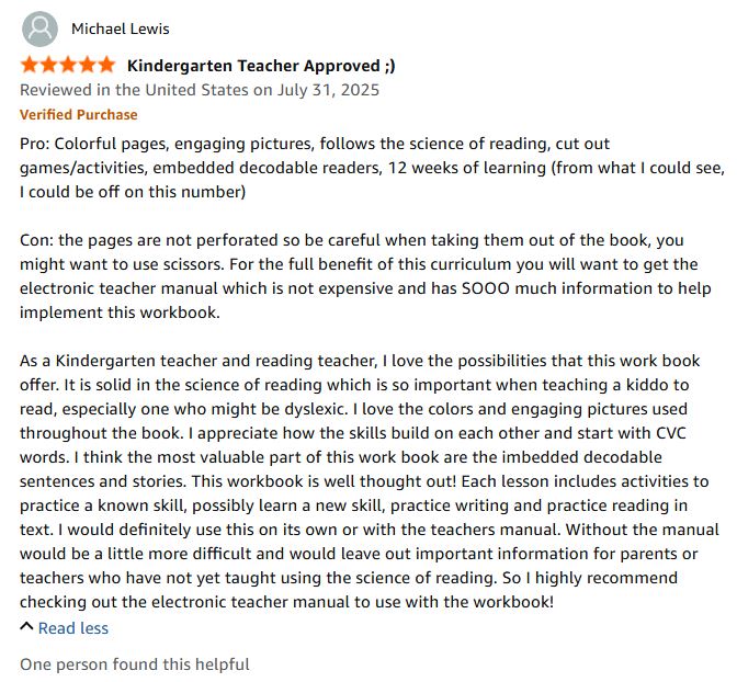 Five-star verified Amazon review of the Dyslexia Intervention Curriculum from a kindergarten teacher