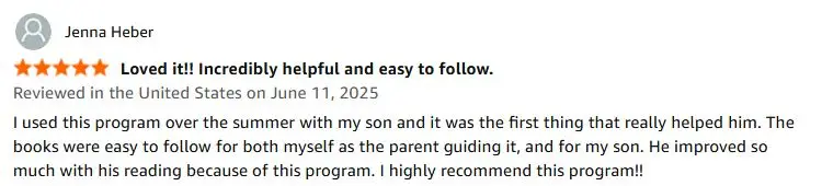Five-star verified Amazon review of the Dyslexia Intervention Curriculum from Jenna