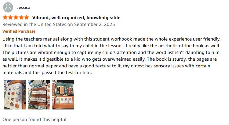 Five-star verified Amazon review of the Dyslexia Intervention Curriculum from Jessica