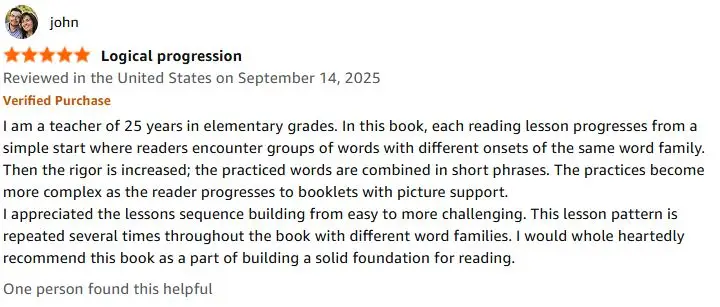 Five-star verified Amazon review of the Dyslexia Intervention Curriculum from John, a 25-year teacher