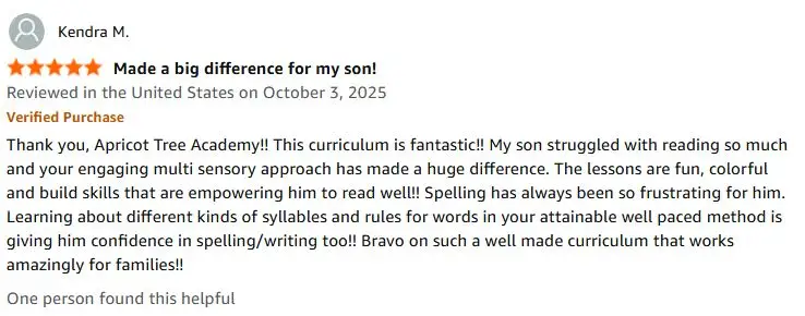 Five-star verified Amazon review of the Dyslexia Intervention Curriculum from Kendra