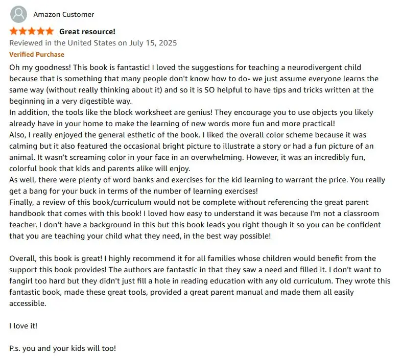 Five-star verified Amazon review of the Dyslexia Intervention Curriculum from a verified buyer